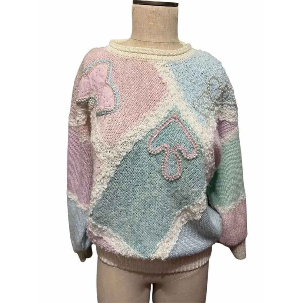 Vintage 90s Jaclyn Smith Pastel Beaded Floral Sweater Cottage Core Size Medium